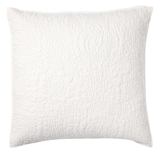White Belgian Flax Linen Floral Stitch Euro Shams, Set of 2