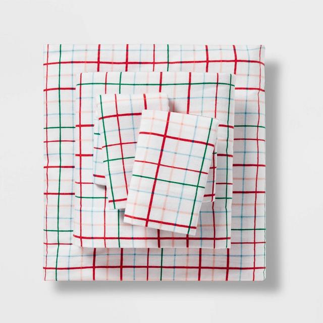 Queen Christmas Flannel Sheet Set Grid Print - Wondershop™