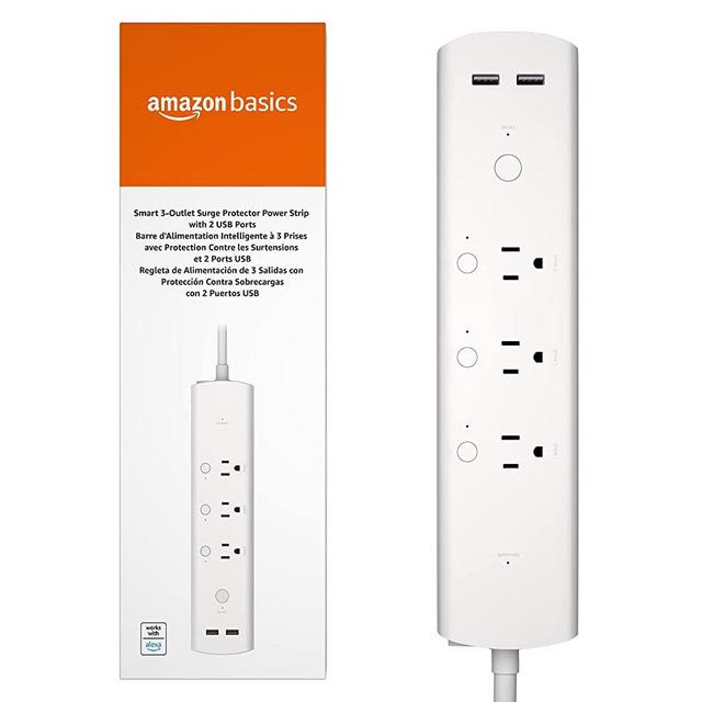 Introducing Amazon Basics Smart 3-Outlet Surge Protector Power Strip with 2 USB Ports, Works with Alexa - A Certified for Humans Device