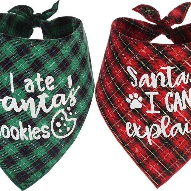 Dog Christmas Scarf, 2 Pack Plaid Pets Bandana Triangle Bibs Kerchief Set