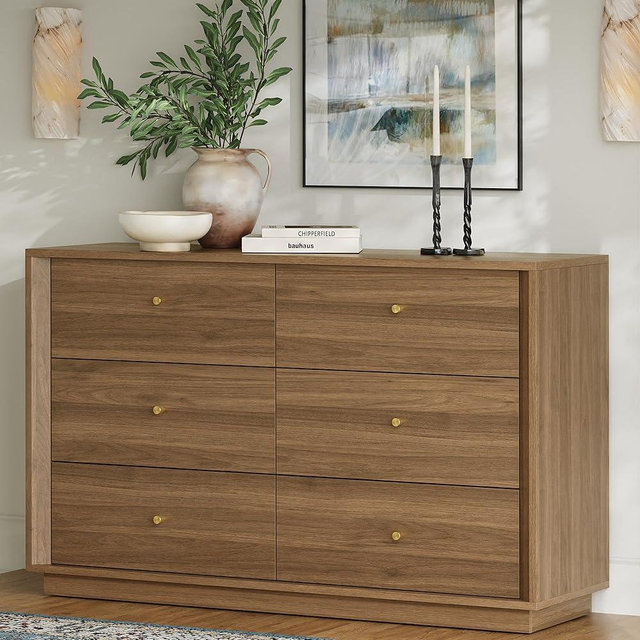 FORTUNETEC Mid Century Modern Dresser, 6 Drawer Dresser with Storage, 47" Wide Chest of Drawers with Wood Grain Texture, Drawers Organizer for Bedroom, Living Room, Hallway, Walnut