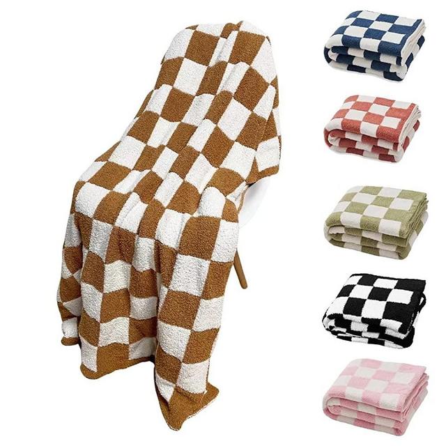 Luxury Fuzzy Blanket Checkerboard Blanket Lightweight Throw Blanket - Super Soft Warm Cozy Microfiber Blanket for Chair, Sofa, Couch, Bed, Camping, Travel (Orange Khaki)