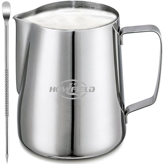 Milk Frothing Pitcher 12 Oz, Milk Frother Cup 304 Stainless Steel Steaming Jug with Clear Scale and Latte Art Pen, Barista Tools for Espresso, Cappuccino, Coffee Machine Accessories (350ml)