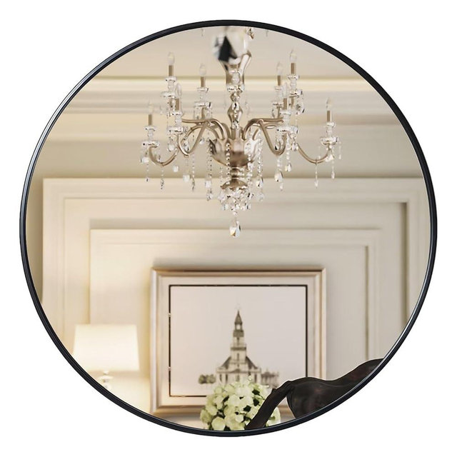 Growsun 28 inch Black Round Mirror, Bathroom Mirror for Wall, Wall-Mounted Circle Mirror for Living Room Decoration, Wall Decor Mirror