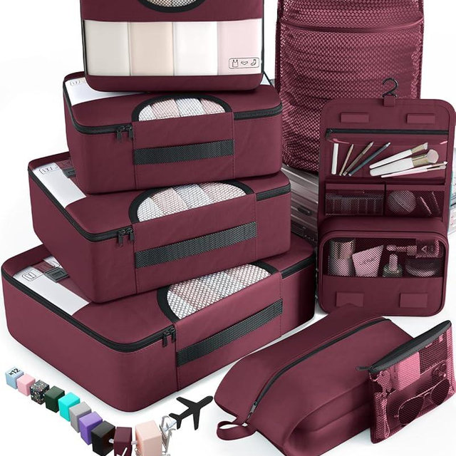 Veken 8 Set Packing Cubes for Travel Essentials, Christmas Gifts, Suitcase Organizer Bags in 4 Sizes, Carry-On Luggage Accessories with Large Laundry & Hanging Toiletry Bag, Must-Have for Airplane