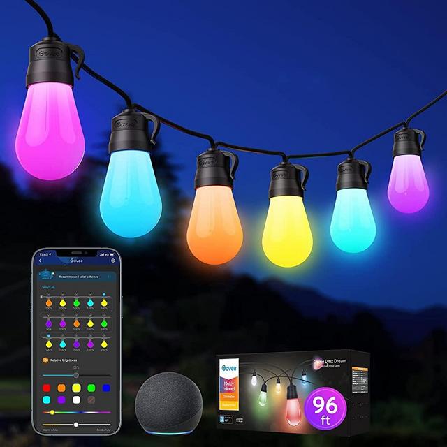 Govee Outdoor String Lights, RGBWW 96ft Patio Lights, Multi-Color Smart LED Bulbs Works with Alexa, WiFi and Bluetooth Control, IP65 Waterproof, 40 Scene Modes, Dimmable for Garden, Backyard, Party