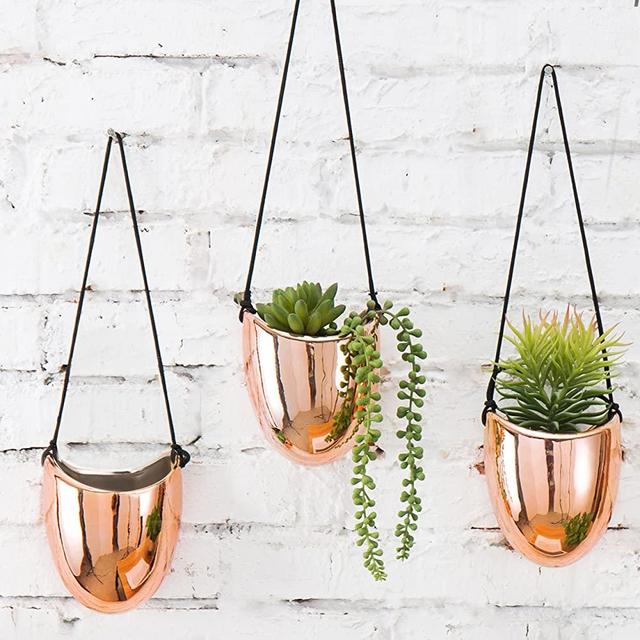 MyGift Metallic Rose Gold-Tone Ceramic 5-Inch Hanging Planters, Set of 3