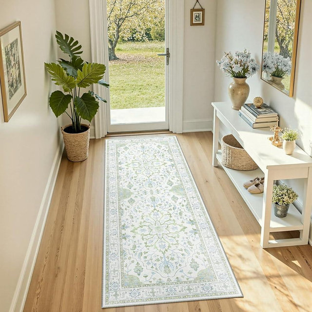 RELEANY Area Rugs 2'x6' Runner Rug Non Slip Washable for Kitchen Hallway Bedroom Beside Laundry Room Bathroom Rug, Floor Carpet, Green White Blue
