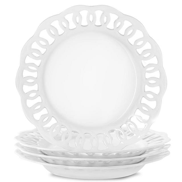 4 Pack 10" Dinner Serving Plates with Lace Rim, New Bone Porcelain Round Tableware Plates with Unique Hollow Out Design Scolloped Edge, White Dishes for Daily Use or as an Excellent Plate Idea