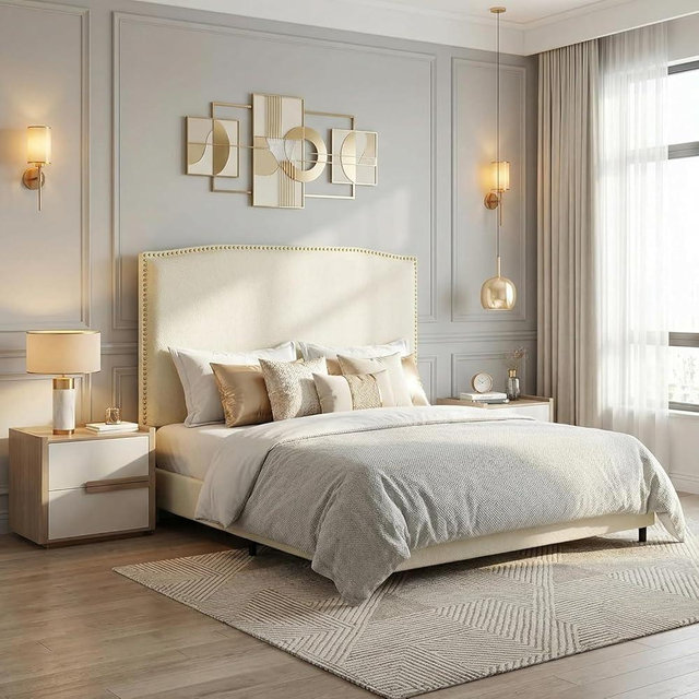 BarnFurin Queen Size Chenille Bed Frame with 56" Tall Headboard, Upholstered Platform Bed with Nailhead Trim Headboard, Soft Boucle Fabric, No Box Spring Needed, Easy Assembly, Beige