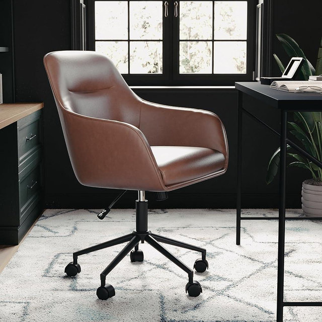 Martha Stewart Rayna Swivel Task Chair with Flared Arms for Home Office in Saddle Brown Faux Leather with Oil Rubbed Bronze Frame