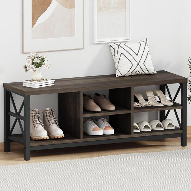 FATORRI Shoe Bench Entryway with Storage, Industrial Wood and Metal Hallway Benches with Adjustable Shelves, Rustic Entry Way Bench for Living Room Bedroom (47.24 Inch Long, Walnut Brown)