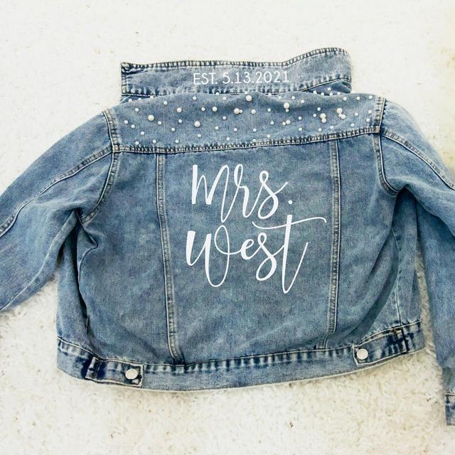 Pearl jean jacket, bride jean jacket, Mrs...