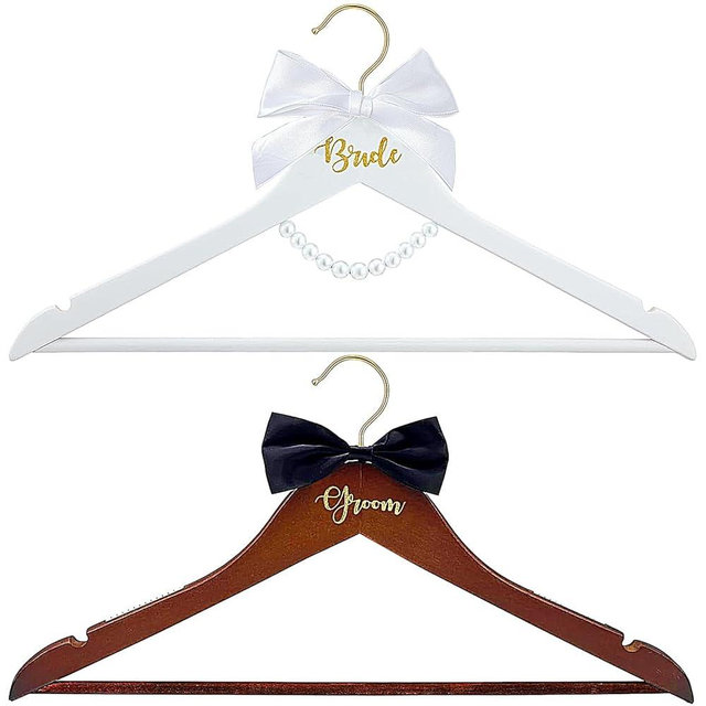 2 Pack Bride and Groom Wedding Hanger Set, Bridal Wedding Dress Hanger with Bow Tie & Pearls for Wedding Gift Bridal Party & Shower