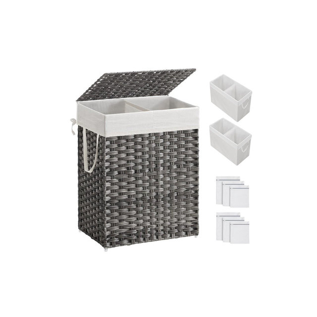 SONGMICS 90L Laundry Hamper with Lid Clothes Hamper with 2 Removable Liner Bags & 6 Mesh Bags Gray