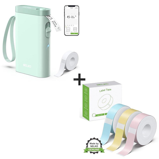 Nelko Green Label Maker Machine with Tape, P21 Thermal Label Printer, Adapted Label Print Paper, 14x40mm (0.55"x1.57"), 180 Tapes/Roll, 3 Rolls, Blue/Yellow/Pink