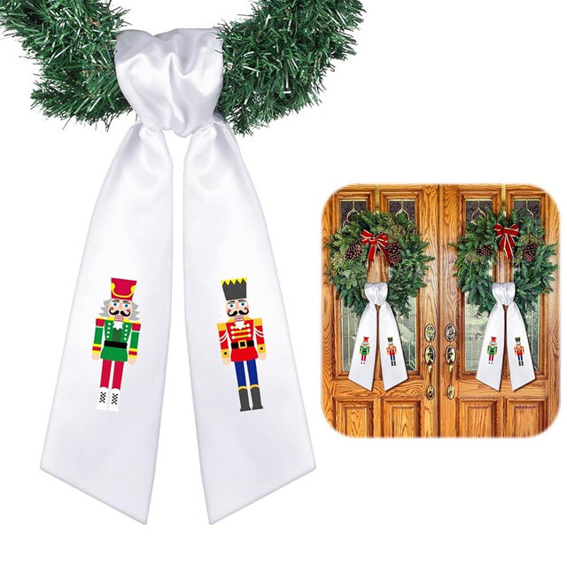 Jeere 2 Pcs Christmas Wreath Sash White Satin Nutcracker Sash Holiday and Christmas Decor for Front Door Yard Doorway Indoor Outdoor Party Decoration, 56" L x 4.5" W