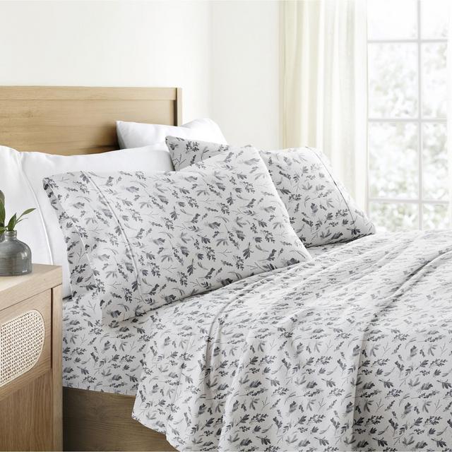 100% Cotton Flannel 4PC Sheet Set Super Soft - Becky Cameron, Botanical Light Gray, King