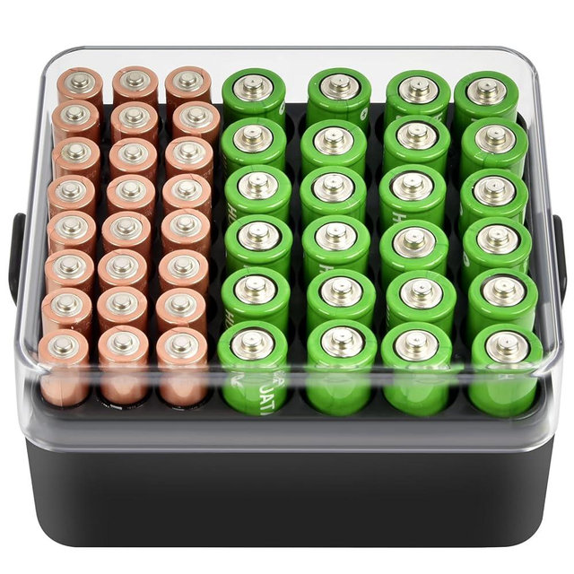 ALCYON Battery Organizer Storage Case, Battery Vault Box Container for 48pcs AA AAA Batteries, Plastic Clear Protective Battery Holder for Travelling/Home/Office (Black, Medium)