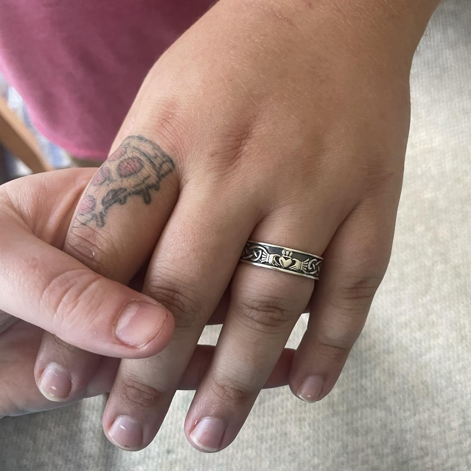 This is the day I dedicated my promise to him. On the ring is a Claddagh, in Irish culture: stands for Love, Loyalty, and Friendship. I dedicated to give him those three big promises.