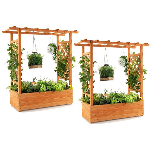 S AFSTAR Raised Garden Bed with Arch Trellis, Wood Planter Box with Hanging Roof, Side Trellis, 4 Drainage Holes, Above Ground Elevated Garden Bed for Outdoor Climbing Plants Vines Patio