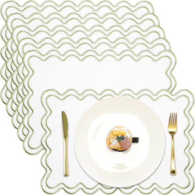 HunnmingRe Set of 6 Cotton Linen Placemats, 13 x 19 Inch Wavy Embroidery Scalloped Placemats Washable Double Layered Rustic Dinner Table Mats Decor Fabric for Hotel Restaurant Kitchen(Grass Green)