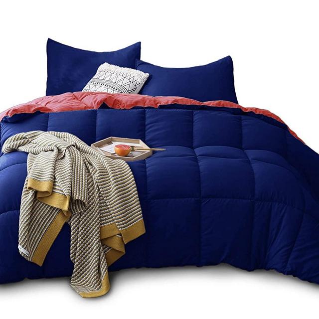 KASENTEX All Season Down Alternative Quilted Comforter Set - Hypoallergenic Duvet Insert - Machine Washable (Navy/Coral, Queen Set)