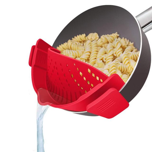 YEVIOR Clip on Strainer for Pots Pan Pasta Strainer, Silicone Food Strainer Hands-Free Pan Strainer, Clip-on Kitchen Food Strainer for Spaghetti, Pasta, Ground Beef Fits All Bowls and Pots - Red