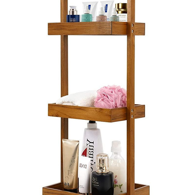 Utoplike Teak Shower Caddy Shelf, Standing Shower Organizer for Bathroom Corner, Wooden Freestanding Racks Storage for Inside Shower, Bath, Office, Stand Up 3 Tier Kitchen Desktop Organization