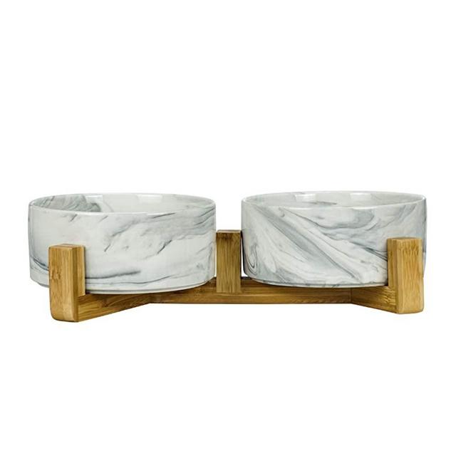 LIONWEI LIONWELI Ceramic Cat Bowl with Wood Stand No Spill Pet Food Water Feeder Cats Small Dogs