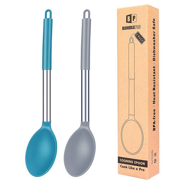 Pack of 2 Large Silicone Cooking Spoon Non Stick Solid Basting Spoons Heat-Resistant Kitchen Utensils for Mixing Serving (Gray-Blue)