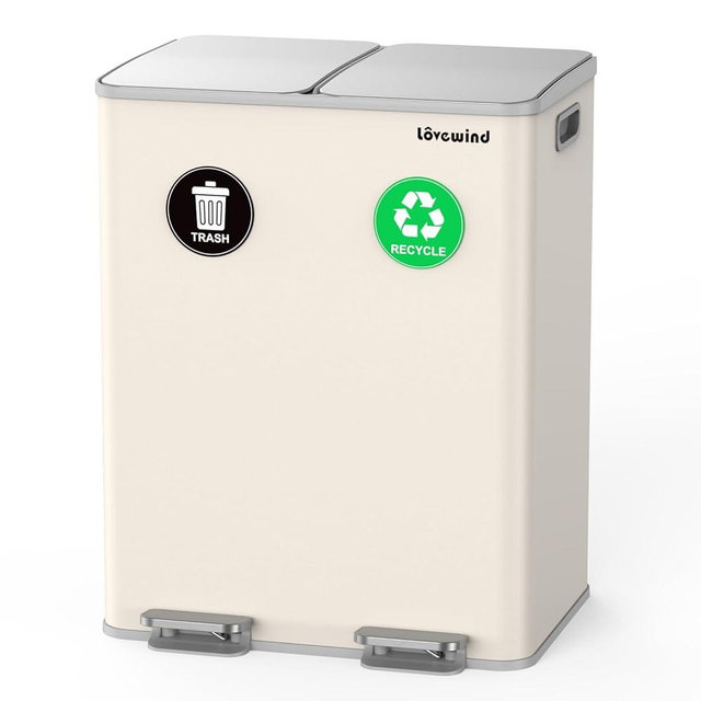 Lovewind Kitchen Trash Can, 2 x 8 Gallon (2 x 30 L) Stainless Steel Trash and Recycle Bin Combo with Soft-Close Lid, Dual Compartment Recycling Kitchen Step Trash Bin, Apricot