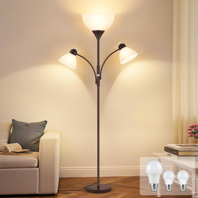 Coucrek Floor Lamp for Living Room,72" Dimmable Torchiere Lamp with 2 Reading Lights for Bedroom, Brown Tall Standing Room Lamp, 3 Bulbs Included