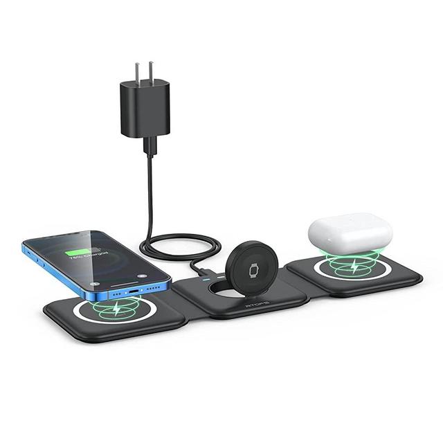 Wireless Charger 3 in 1,RTOPS Magnetic Travel Wireless Charging Station Multiple Devices,GaN 3 in 1 Charging Station,Compatible for iPhone 14/13/12/Pro/Max,iWatch,AirPods 3/2/Pro(Adapter Includes)