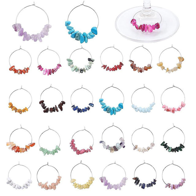 Pride & par 24 Pcs Nature Gemstone Beads Wine Charms for Glasses，Wine Glass Markers，Drink Markers for Stem Glasses， Wine Glass Decoration for Weddings，Parties