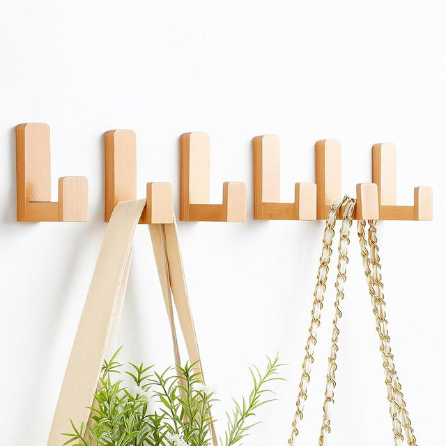 Teenyyou 6 Pack Cute Kids Coat Wall Hooks Wooden Adhesive Decorative Colorful Wall Mounted Hangers Backpack Hooks for Hanging Keys Towel Clothes Bathroom Organization(Wood Color)