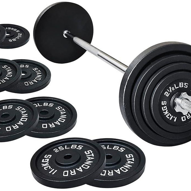 Fitvids Barbell Weight Set, Cast Iron 1" Standard Weight Plates Including 5FT Standard Barbell Bar & Star Locks, 95 Pounds Set (85 Lbs Plates + 10 Lbs Barbell Bar), Multiple Packages