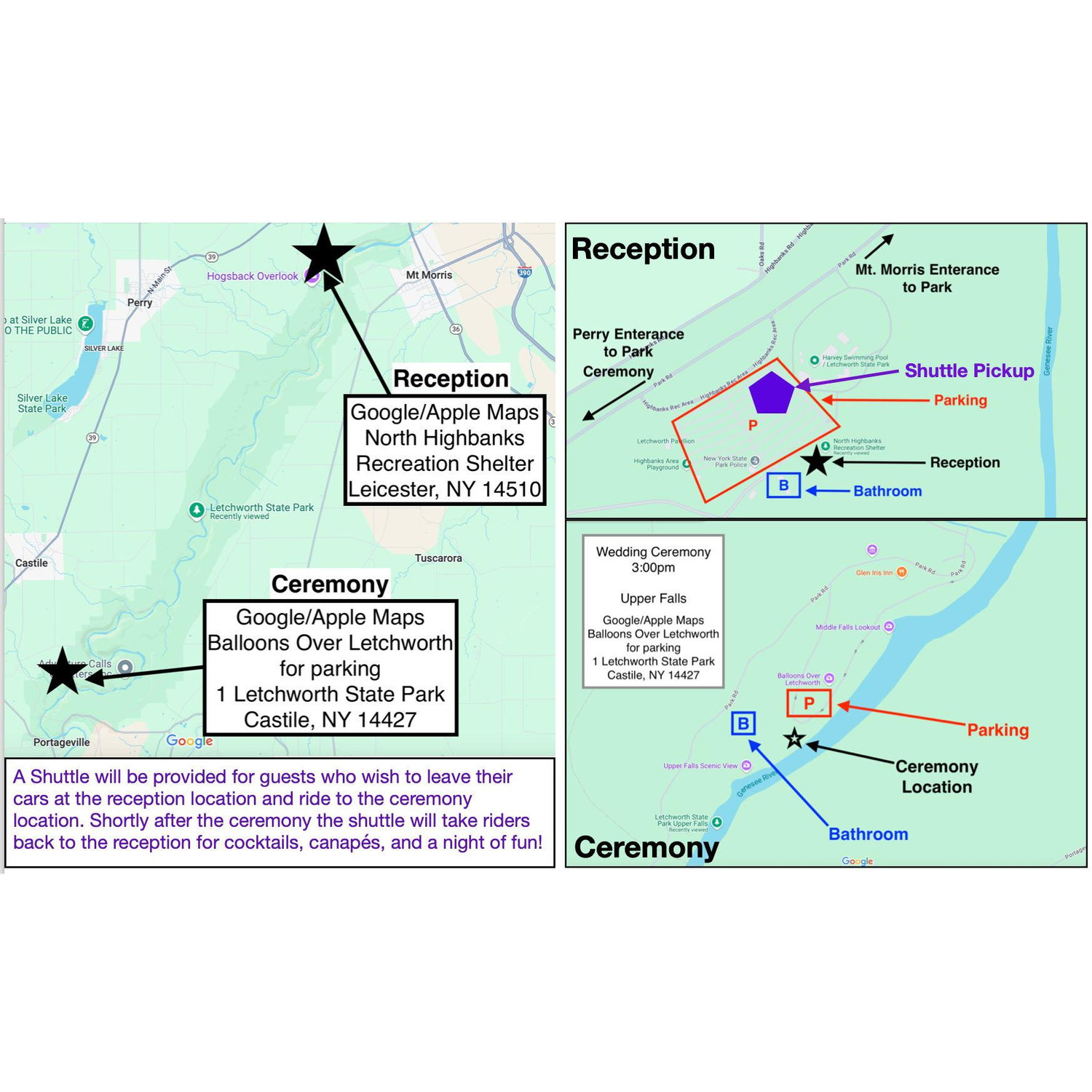 Detailed map of Ceremony and Reception locations in Letchworth State Park.