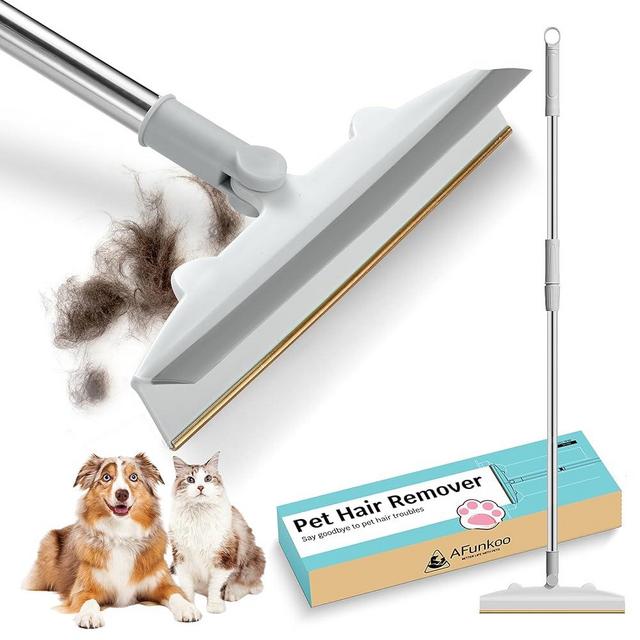 AFunkoo Dual Sided Pet Hair Remover-Telescopic Long Handle Carpet Rake for Dog Cat Hair Removal & Silicone Metal Fur Scraper Tool Reusable for Wet Dry Surfaces Rugs Mat Stairs Bathroom Tile - Grey