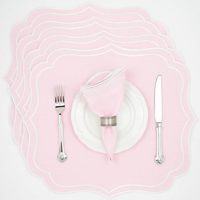 Bryonia Cotton Linen Placemats Set of 4 - Double Layered, Machine Washable, Wrinkle Resistance, Scalloped & Embroidered Cloth Table Mats - Winter, Christmas Mat 19 x 17 inch, Baby Pink