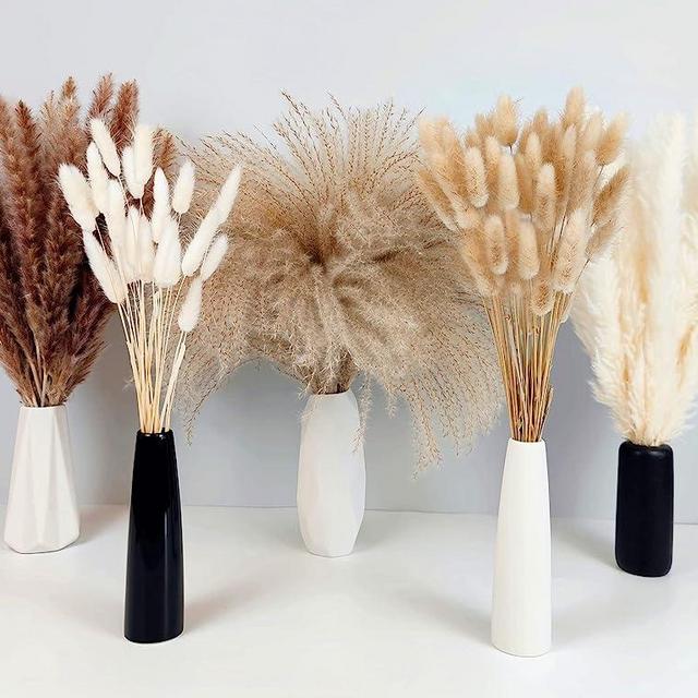 150Pcs Pampas Grass Boho Home Decor, Natural Dried Carefully Hand-Picked Fluffy Pompas Grass 17", White & Brown Pampas Grass, Reed, Bunny Tails for Flower Arrangements Boho Wedding Home Décor
