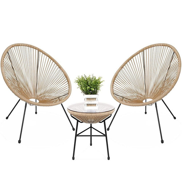 Best Choice Products 3-Piece Outdoor Acapulco All-Weather Patio Conversation Bistro Set w/Plastic Rope, Glass Top Table and 2 Chairs - Natural