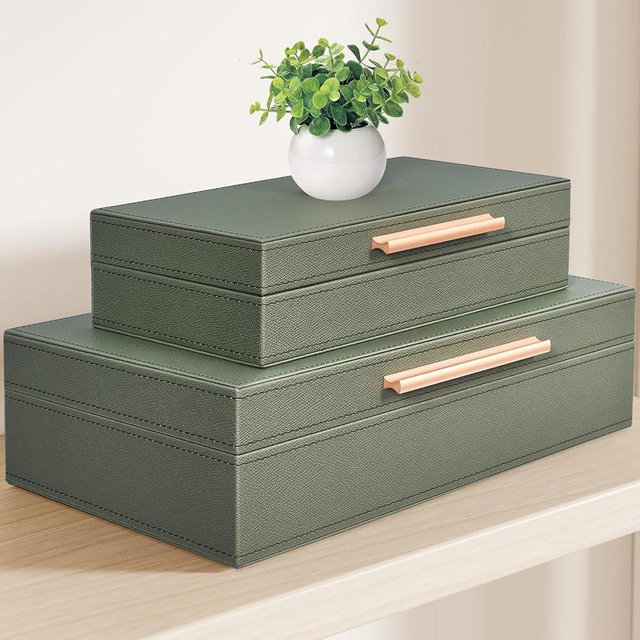 Decorative Box, Decorative Boxes with Lids 2-Set, Memory Box for Keepsakes, Beautiful PU Leather Decorative Storage Boxes in Style, Decor Box with Gold Metal Handles, Store Photos, Documents Green