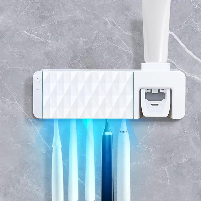 Toothbrush Holders for Bathrooms White Toothbrush sani Tooth Brush Holder with Toothpaste Dispenser 5 Toothbrush Slots Toothbrush Holder Wall Mounted, Timing, AA Batteries Required