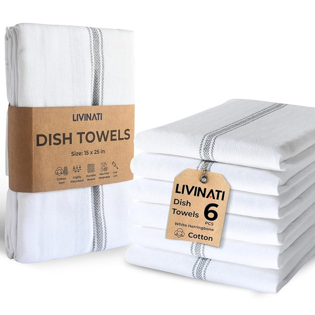 LIVINATI Bulk Kitchen Towels Cotton for Chefs in Commercial Restaurants - 15"X25" - 6 Pack - White Linen Tea Dish Towels - Lint Free Soft Absorbent Center Gray Striped Herringbone Weave Towles
