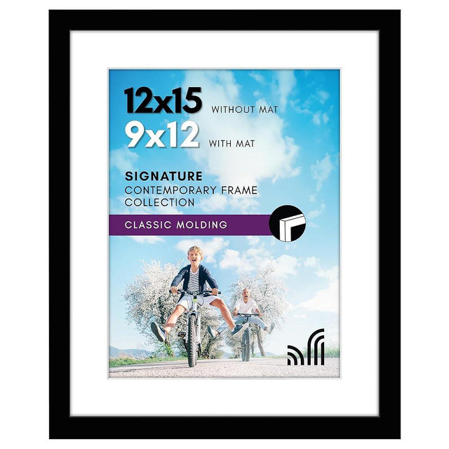 Americanflat 12x15 Picture Frame with Shatter-Resistant Glass - Use as 9x12 Frame with Mat or Display 12x15 Photo Without Mat - Signature Collection - Picture Frames for Wall Display - Black