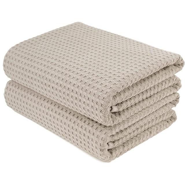 Polyte Microfiber Oversize Quick Dry Lint Free Bath Towel, 60 x 30 in, Set of 2 (Beige, Waffle Weave)