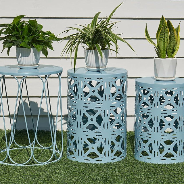 HFHOME Set of 3 Metal Outdoor Side Table, Nesting Round Coffee Table for Indoor Outdoor, Heavy Duty End Tables Plant Stand Living Room Garden Stool - Blue