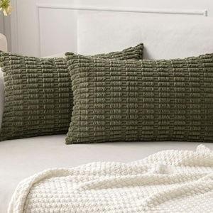 OLIVE GREEN - MIULEE Pack of 2 Corduroy Decorative Lumbar Throw Pillow Covers 20x12 Inch Soft Boho Striped Pillow Covers Modern Farmhouse Home Decor for Summer Sofa Living Room Couch Bed Olive Green