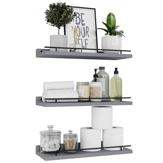 WOPITUES Floating Shelves with Black Metal Guardrail, Shelves for Wall Decor Set of 3, Wall Shelves for Bedroom, Bathroom, Kitchen, Living Room, Plants, Picture Frames, Art- Grey